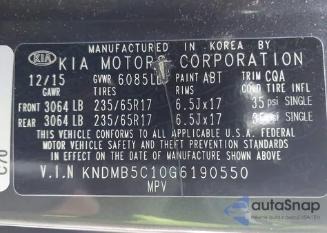 2016 Kia Sedona Lx from USA, damaged, VIN KNDMB5C10G6190550